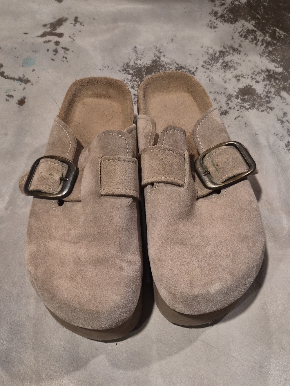 Suede Slip-On Clog with Buckle - Taupe